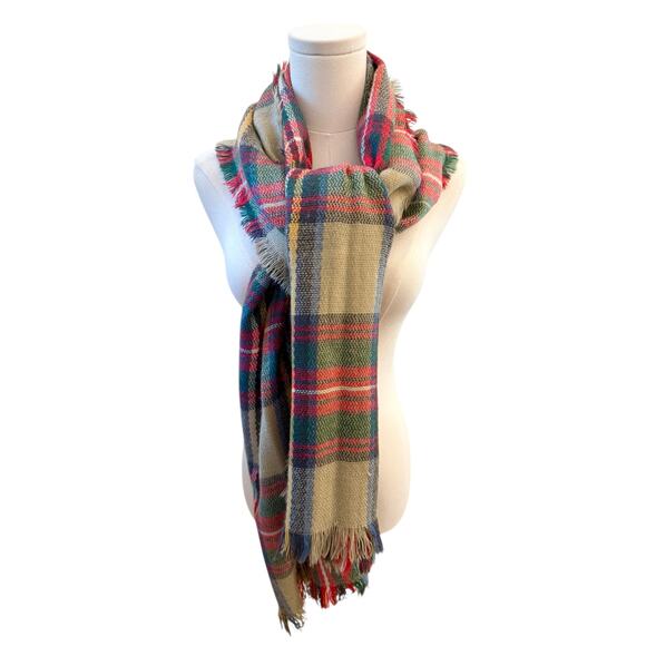Oversized Plaid Blanket Scarf Shawl Wrap Red Green Tartan Fringe Winter Cozy - Picture 5 of 6